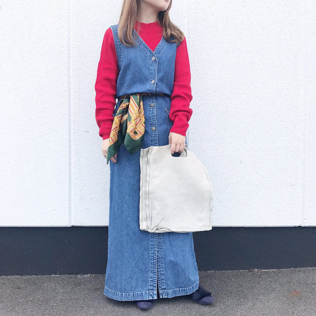 vintage scarf | nosleeve denim one-piece