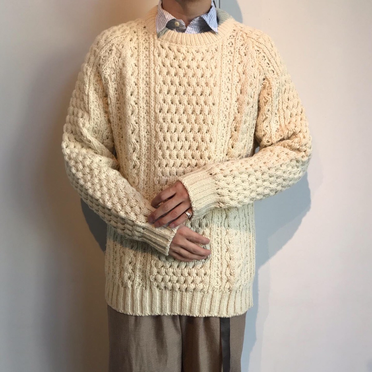 hand knit sweater made in Ireland, ralph lauren L/S stripe shirt