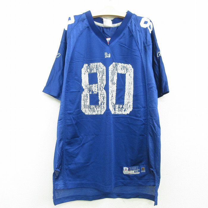 古着 リーボック REEBOK 半袖 フットボール Tシャツ キッズ ボーイズ 子供服 NFL ニューヨークジャイアンツ ジェレミーショッキー  ラングラン Vネック 青 ブルー アメフト スーパーボウル ユニフォーム ゲームシャツ 22aug08