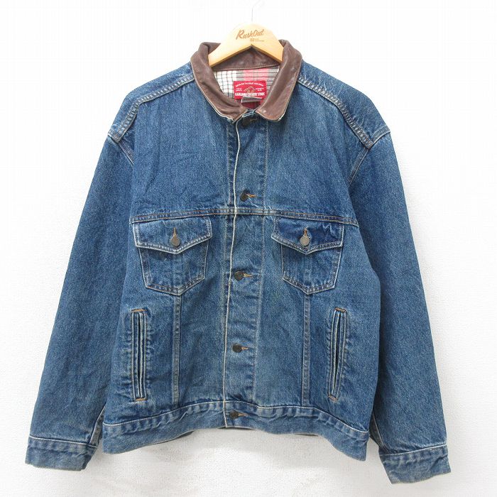 古着 90s Marlboro 襟 本革 レザー デニム ジャケット Gジャン M
