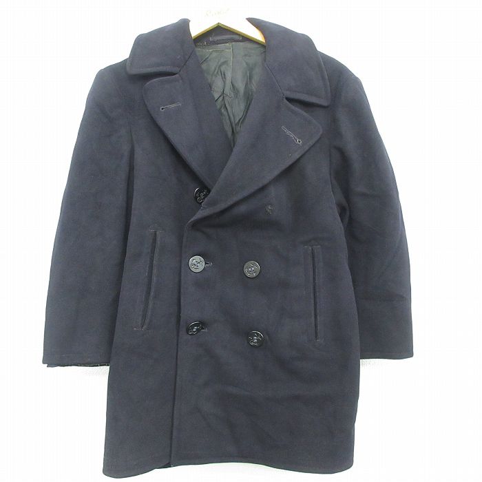 古着通販 M☆古着 長袖 ビンテージ ミリタリー ピーコート Pコート メンズ 70年代 70s ロング丈 紺