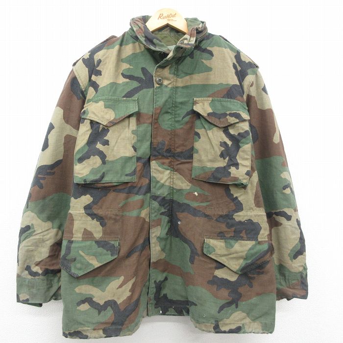 古着通販 L☆古着 長袖 ミリタリー フィールド ジャケット メンズ 80年代 80s M-65 ウッドランドカモ ライナー付き USA製 緑 迷彩  内側キルティング