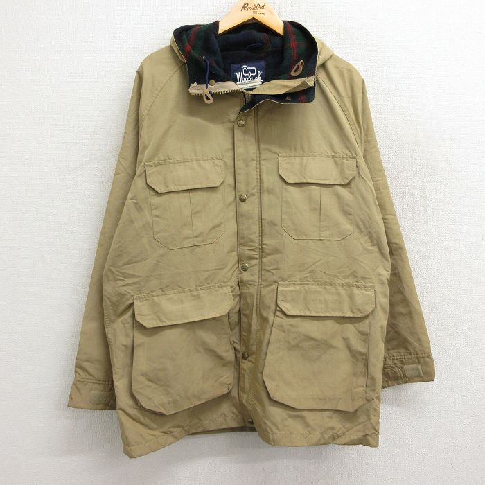 L★古着 ウールリッチ WOOLRICH 長袖 ジャケット マウンテン パーカー メンズ 90年代 90s ロクヨンクロス ラグラン ロング丈  USA製 ベージュ カーキ 内側ウール 23oct12 中古 アウター