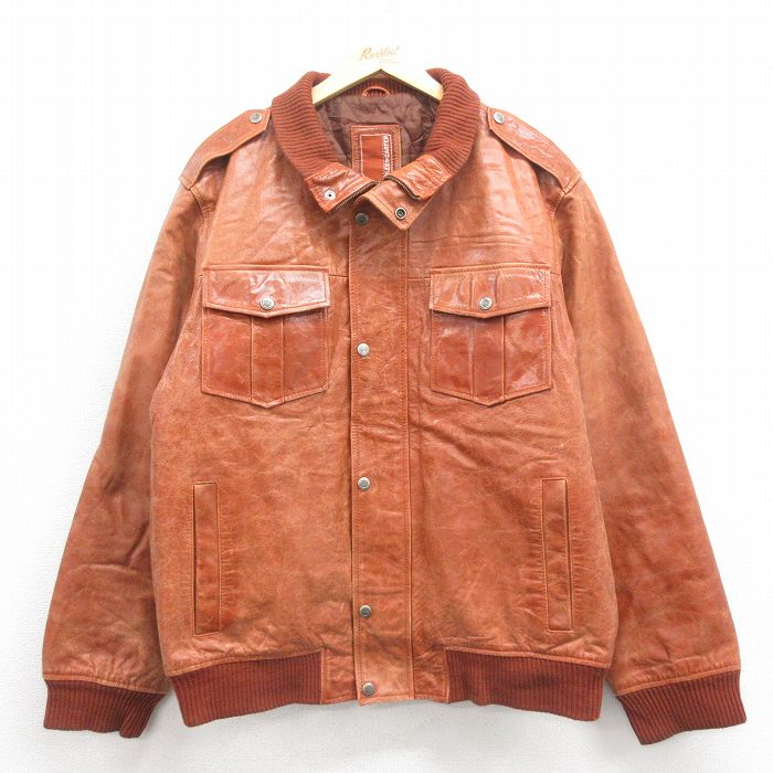 古着通販 XL☆古着 長袖 レザー ジャケット メンズ 茶 内側キルティング 