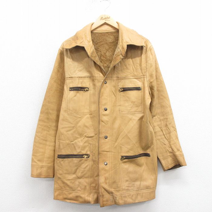 古着 長袖 レザー ジャケット メンズ 80年代 80s ロング丈 リバーシブル タロン 茶 ブラウン Lサイズ 中古 アウター 革ジャン  中古 古着 古着通販 L☆古着 長袖 レザー ジャケット メンズ 80年代 80s ロング丈