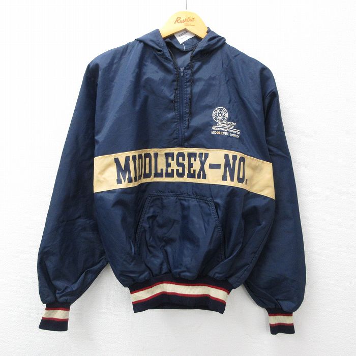 【30%OFF】M★古着 デロング 長袖 ハーフジップ ナイロン ジャケット パーカー メンズ 80年代 80s MIDDLE スペシャルオリンピック  USA製 タロン 濃紺 ネイビー 23oct02 中古 アウター ウインドブレーカー