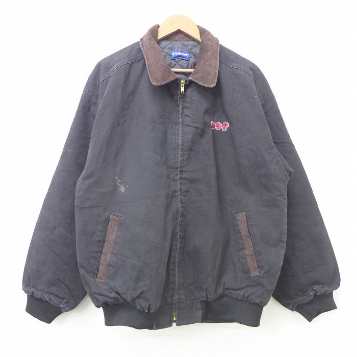 古着通販 L☆古着 Holloway 長袖 ジャケット メンズ 90年代 90s IOP 刺繍 襟コーデュロイ ダック地 USA製 黒 内側キルティング