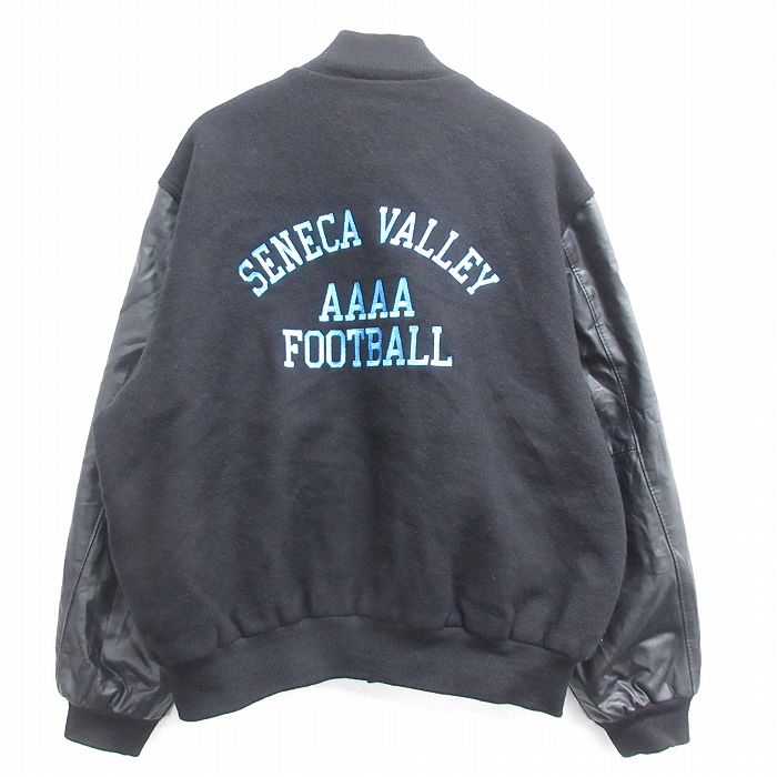 XL★古着 ホロウェイ 長袖 スタジャン メンズ 90年代 90s SENECA VALLEY フットボール 刺繍 大きいサイズ ウール USA製 黒  ブラック 内側キルティング 23oct26 中古 アウター ジャンパー ブルゾン