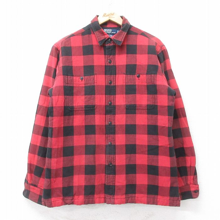 古着 ラルフローレン Ralph Lauren 長袖 ブランド シャツ ジャケット メンズ 90年代 90s FARRELL コットン 赤他 レッド バッフ 中古 古着 古着通販 L☆古着 ラルフローレン 長袖 ブランド シャツ ジャケット