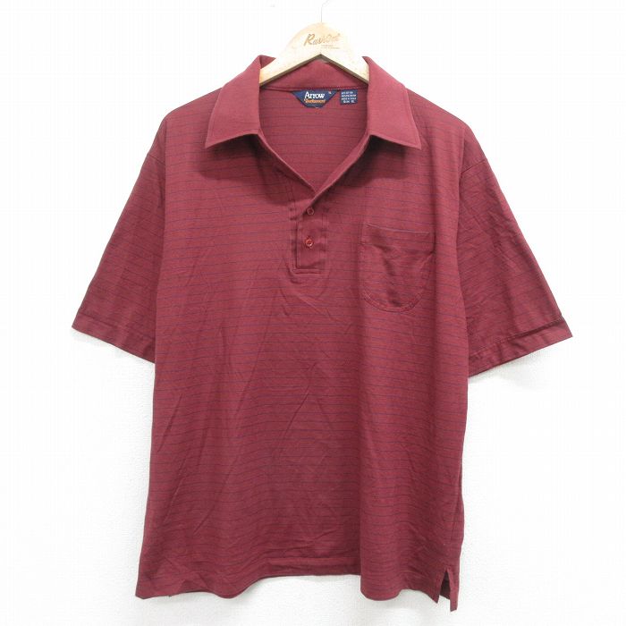 XL★古着 アロー 半袖 ポロ シャツ メンズ 80年代 80s 開襟 オープンカラー エンジ ボーダー 24mar28 中古 トップス