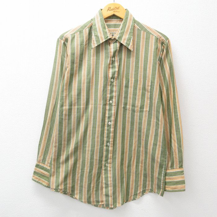 古着通販 L☆古着 長袖 シャツ メンズ 70年代 70s 緑他 ストライプ