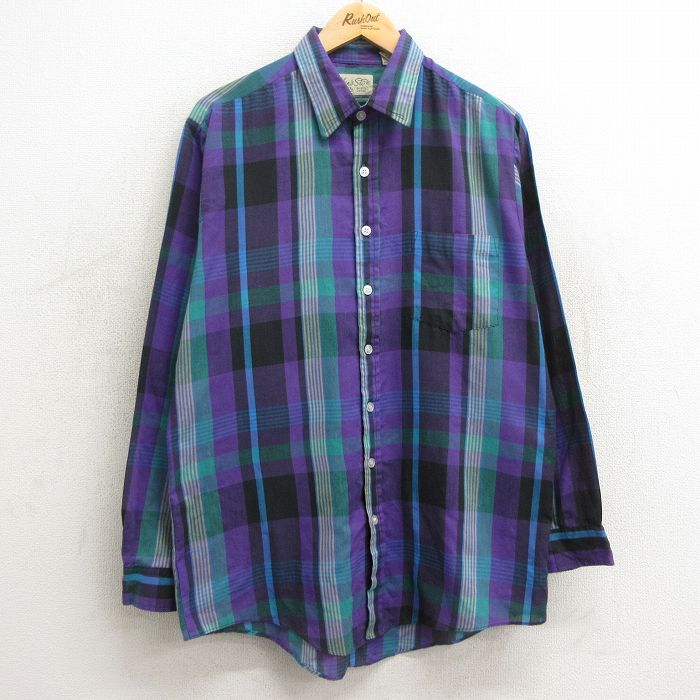 古着通販 L☆古着 長袖 シャツ メンズ 90年代 90s 紫他 チェック