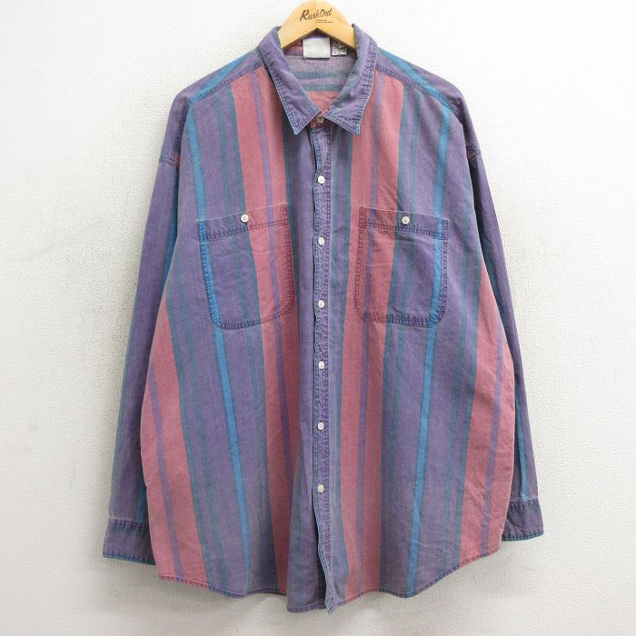 古着通販 XL☆古着 長袖 シャツ メンズ 90年代 90s 大きいサイズ ロング丈 コットン 紫他 ストライプ