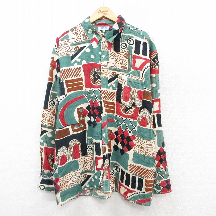 long sleeved shirt 　長袖シャツ　柄シャツ　総柄　緑　古着 BENDER TOKYO】レトロ 総柄プリント レギュラーカラーシャツ