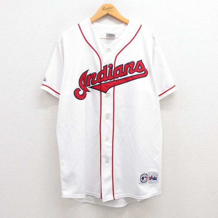 古着通販 XL☆古着 マジェスティック 半袖 ベースボール シャツ メンズ 00年代 00s MLB クリーブランドインディアンス ジムトーミ 25  ロング丈 白他 メジャーリーグ ベースボール 野球 ユニフォーム ゲームシャツ