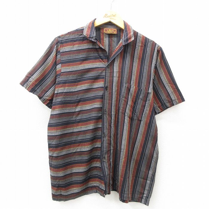 古着通販 M☆古着 半袖 シャツ メンズ 90年代 90s 黒他 ストライプ