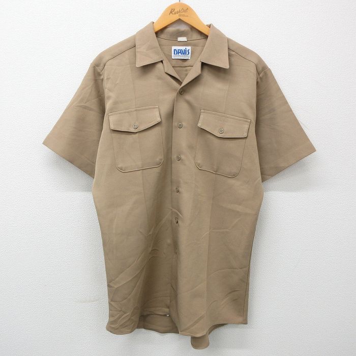 古着通販 L☆古着 半袖 ミリタリー シャツ メンズ 80年代 80s USネイビー NAVY ロング丈 開襟 オープンカラー USA製 濃ベージュ