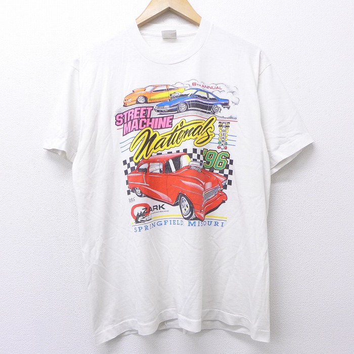 古着通販 L☆古着 半袖 ビンテージ Tシャツ 90年代 90s レーシングカー ストリートマシーンナショナルズ クルーネック USA製 白