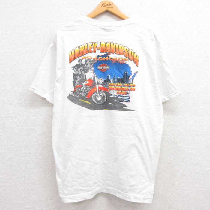 XL★古着 ハーレーダビッドソン Harley Davidson 半袖 ビンテージ Tシャツ メンズ 00年代 00s バイク 胸ポケット付き  コットン クルーネック USA製 白 ホワイト 23jun14 中古