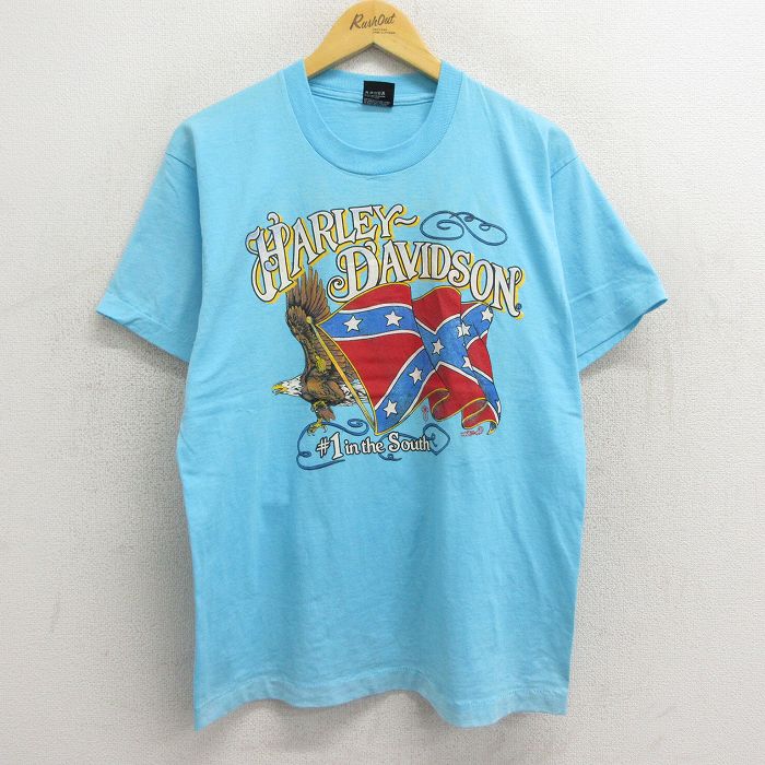 L★古着 ハーレーダビッドソン Harley Davidson 半袖 ビンテージ Tシャツ メンズ 80年代 80s 鳥 サザンクロス バイク  クルーネック USA製 水色 【spe】 23jul04 中古