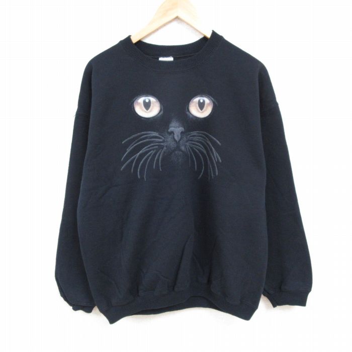 XL★古着 長袖 スウェット メンズ ネコ クルーネック 黒 ブラック 24sep02 中古 スエット トレーナー トップス VINTAGE（ヴィンテージ）の「ヴィンテージ古着90\u0027s 猫プリント