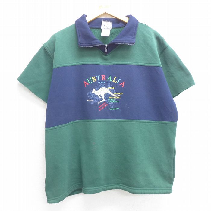 XL★古着 半袖 ハーフジップ スウェット メンズ 90年代 90s オーストラリア カンガルー 刺繍 襟付き オーストラリア製 ツートンカラー 緑他  グリーン 22may06 中古 スエット トレーナー トップス