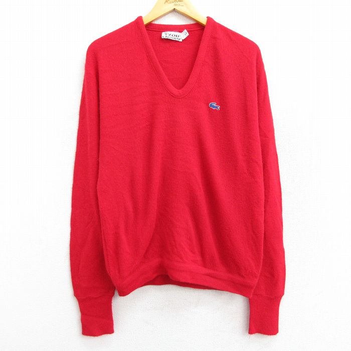 古着通販 L☆古着 ラコステ LACOSTE 長袖 ブランド セーター メンズ 80年代 80s ワンポイントロゴ Vネック 赤