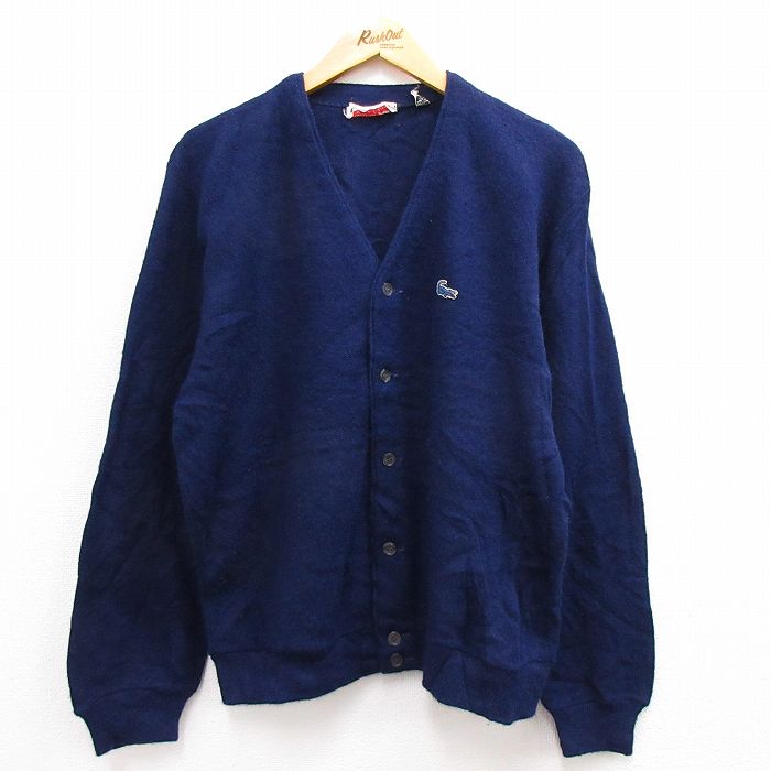 L★古着 IZOD 長袖 ビンテージ ニット カーディガン メンズ 70年代 70s ワンポイントロゴ USA製 紺 ネイビー 23jan11 中古  トップス