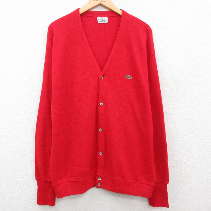 XL★古着 ラコステ LACOSTE IZOD 長袖 ブランド ニット カーディガン メンズ 90年代 90s ワンポイントロゴ アクリル Vネック  USA製 赤 レッド 23sep27 中古 トップス