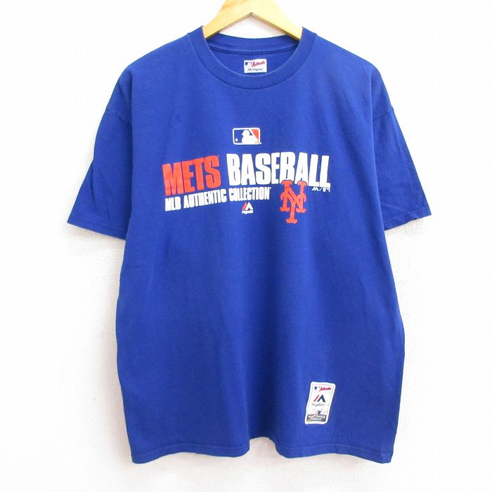古着通販 XL☆古着 マジェスティック 半袖 Tシャツ メンズ MLB ニューヨークメッツ 大きいサイズ コットン クルーネック 青 メジャーリーグ  ベースボール 野球