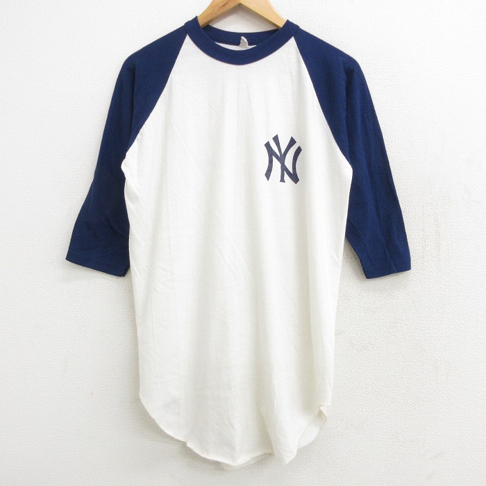 古着通販 L★古着 7分袖 ビンテージ Tシャツ メンズ 80年代 80s MLB ニューヨークヤンキース ツートンカラー クルーネック