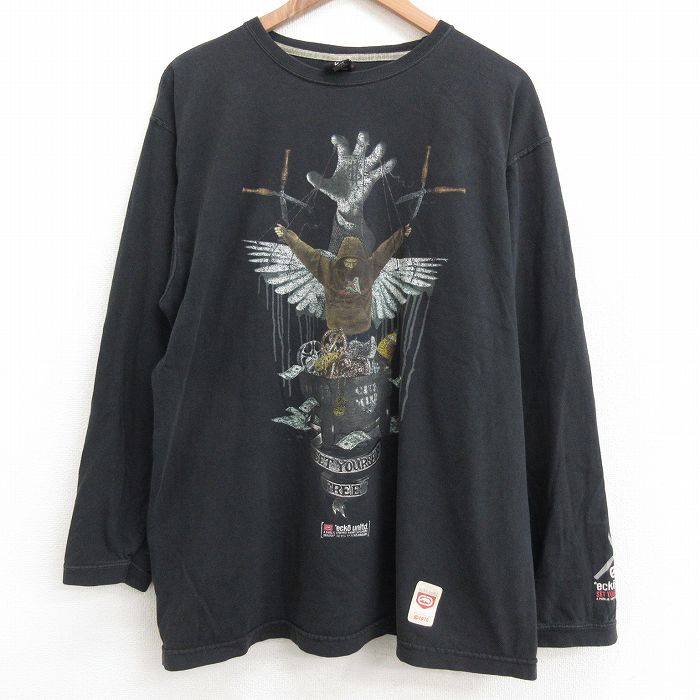 古着通販 XL☆古着 エコー ecko 長袖 Tシャツ メンズ コットン クルーネック 黒