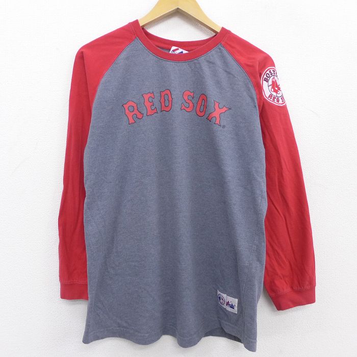古着通販 L☆古着 マジェスティック 長袖 ビンテージ Tシャツ メンズ 00年代 00s MLB ボストンレッドソックス 松坂大輔 ツートンカラー  ラグラン コットン クルーネック グレー 霜降り メジャーリーグ ベースボール 野球