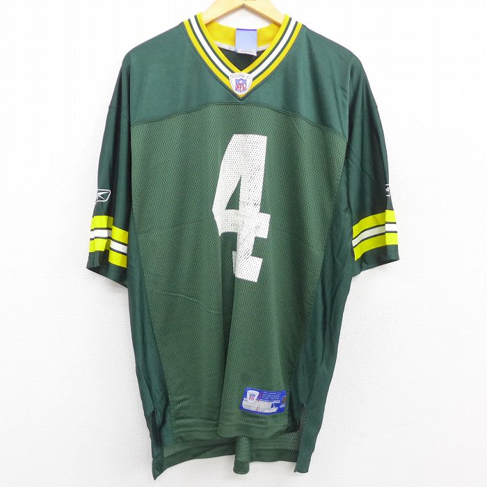 古着通販 XL☆古着 リーボック 半袖 フットボール Tシャツ メンズ NFL グリーンベイパッカーズ ブレットファーヴ 大きいサイズ Vネック 緑他  アメフト スーパーボウル ユニフォーム ゲームシャツ