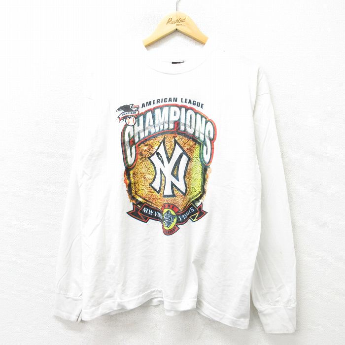 古着通販 XL☆古着 長袖 ビンテージ Tシャツ メンズ 90年代 90s ニューヨークヤンキース クルーネック USA製 白 メジャーリーグ  ベースボール 野球