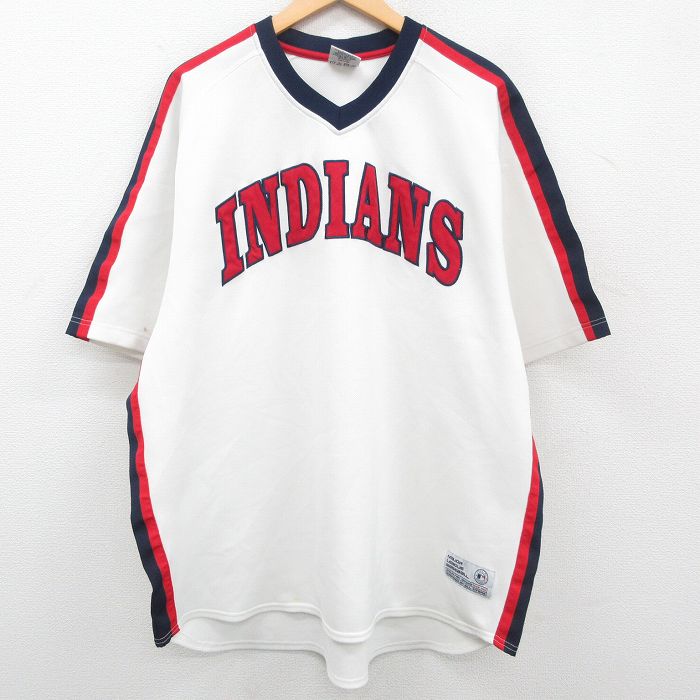 【30%OFF】XL★古着 半袖 ビンテージ Tシャツ メンズ 00年代 00s MLB クリーブランドインディアンス 刺繍 大きいサイズ ラグラン  Vネック 白他 ホワイト ユニフォーム ゲームシャツ 23jul20 中古