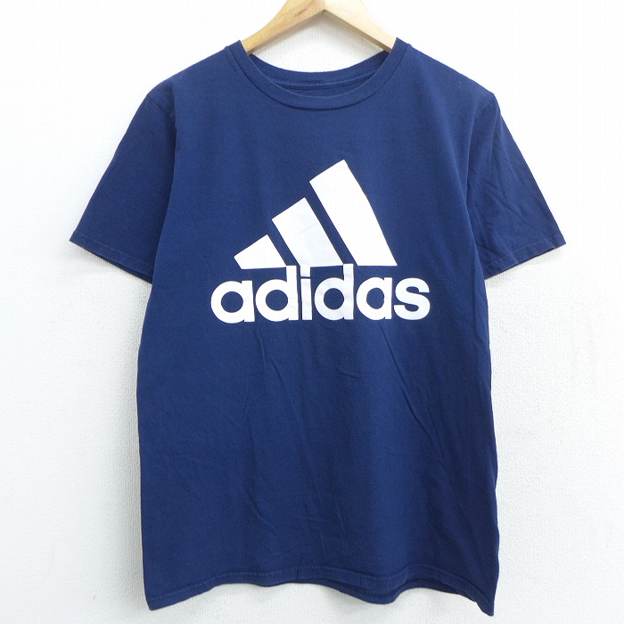 古着通販 L★古着 半袖 ブランド Tシャツ アディダス adidas ビッグロゴ クルーネック 紺