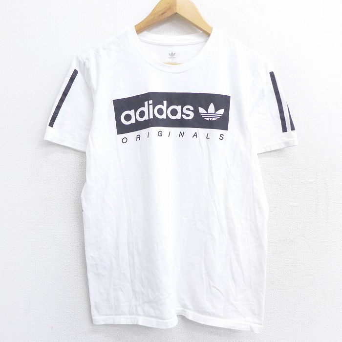 古着通販 M★古着 アディダス adidas 半袖 ブランド Tシャツ メンズ ビッグロゴ リーフ トレフォイル コットン クルーネック 白