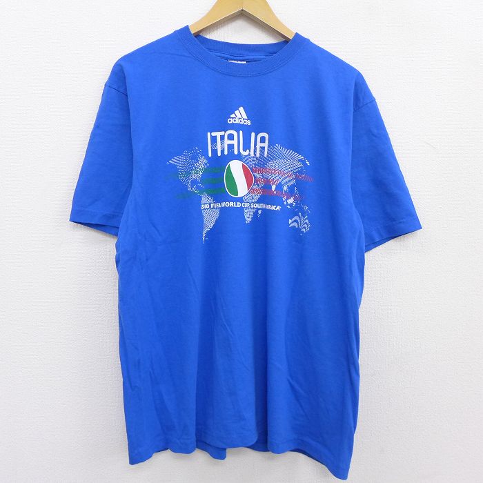 古着通販 L★古着 アディダス adidas 半袖 ブランド Tシャツ メンズ FIFA ワールドカップ サッカー イタリア クルーネック 青