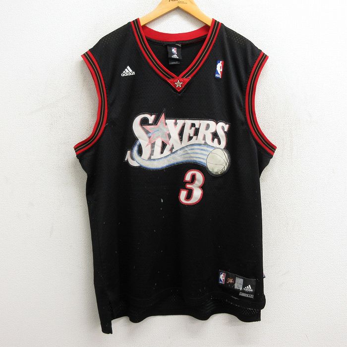 古着通販 XL☆古着 アディダス adidas ビンテージ ノースリーブ Tシャツ メンズ 00年代 00s NBA  フィラデルフィアセブンティシクサーズ 76ers アレンアイバーソン メッシュ地 大きいサイズ ロング丈 Vネック 黒 ユニフォーム ゲームシャツ  バスケットボール