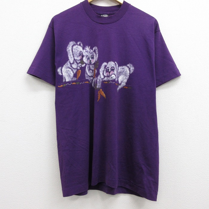 古着通販 L★古着 半袖 ビンテージ Tシャツ メンズ 80年代 80s ウサギ ハンドペイント クルーネック USA製 紫