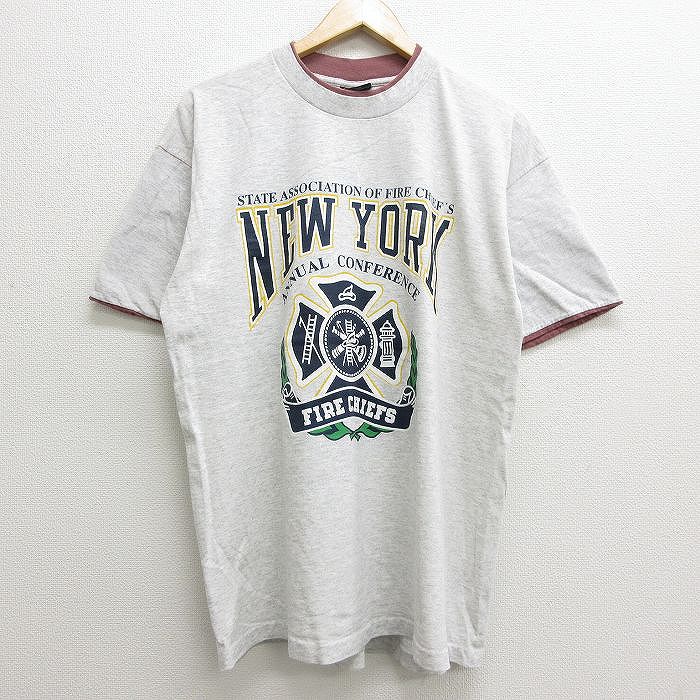 古着通販 XL★古着 半袖 ビンテージ Tシャツ メンズ 90年代 90s ニューヨーク 消防署 コットン クルーネック USA製 グレー 霜降り