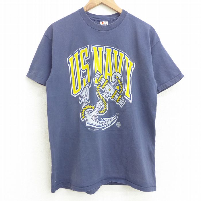 古着通販 L☆古着 半袖 ビンテージ Tシャツ メンズ 90年代 90s ミリタリー USネイビー NAVY イカリ コットン クルーネック USA製  紺