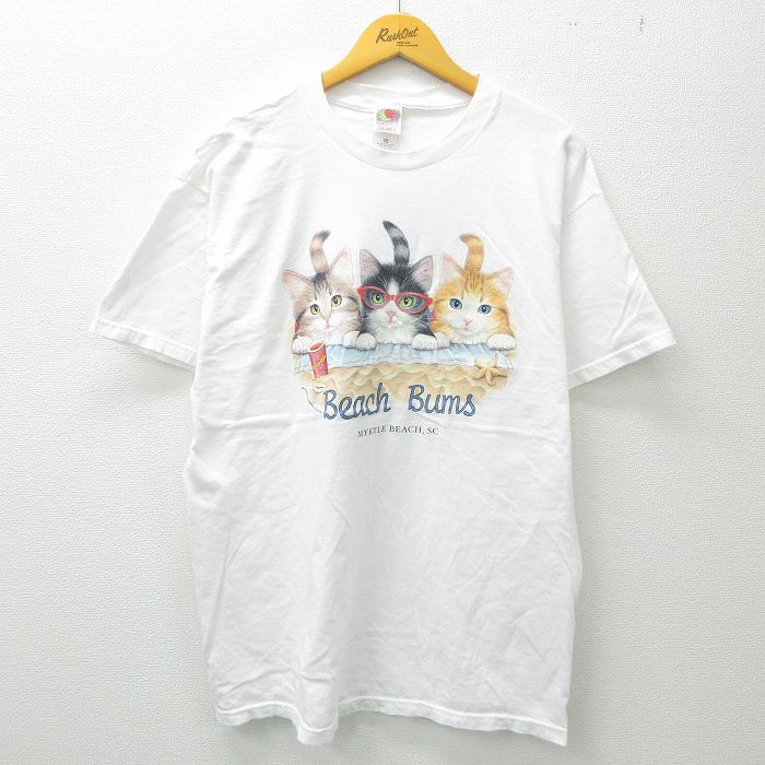 古着通販 XL☆古着 半袖 ビンテージ Tシャツ メンズ 00年代 00s ネコ ビーチ コットン クルーネック 白