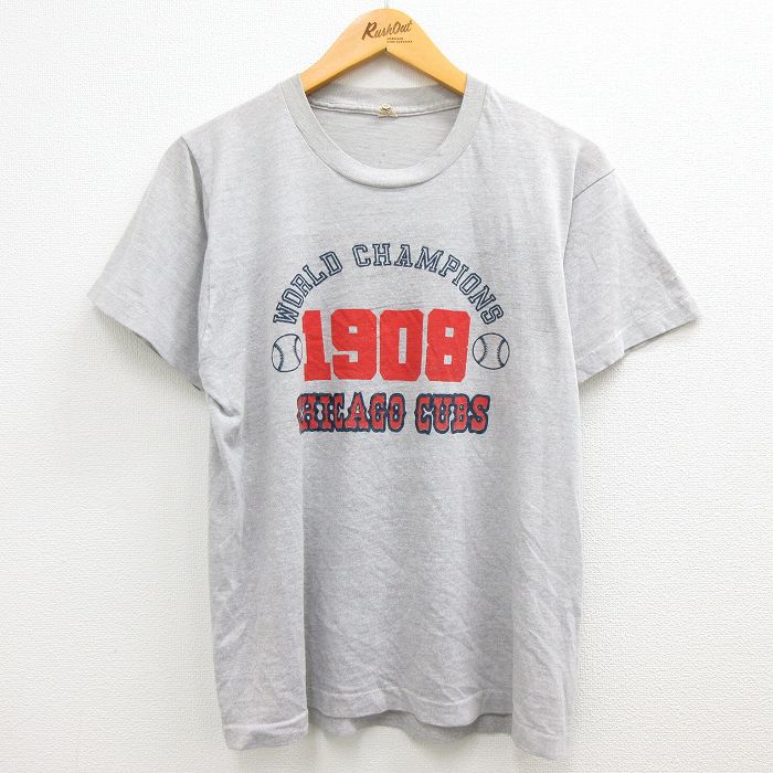 古着通販 M☆古着 半袖 ビンテージ Tシャツ メンズ 90年代 90s MLB シカゴカブス ワールドチャンピオン クルーネック USA製 グレー  霜降り メジャーリーグ ベースボール 野球