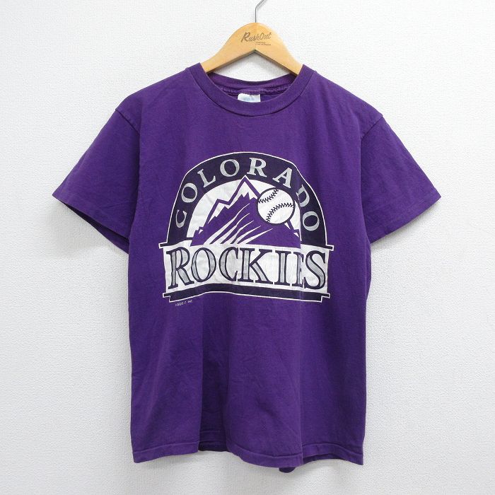 M★古着 半袖 ビンテージ Tシャツ メンズ 90s MLB コロラドロッキーズ コットン クルーネック 紫 パープル メジャーリーグ ベースボール  野球 23mar23 中古