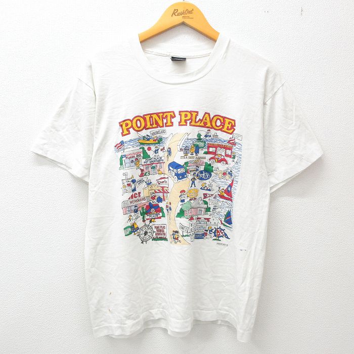 L★古着 半袖 ビンテージ Tシャツ メンズ 90年代 90s 人 建物 PLACE クルーネック USA製 白 ホワイト 23mar24 中古