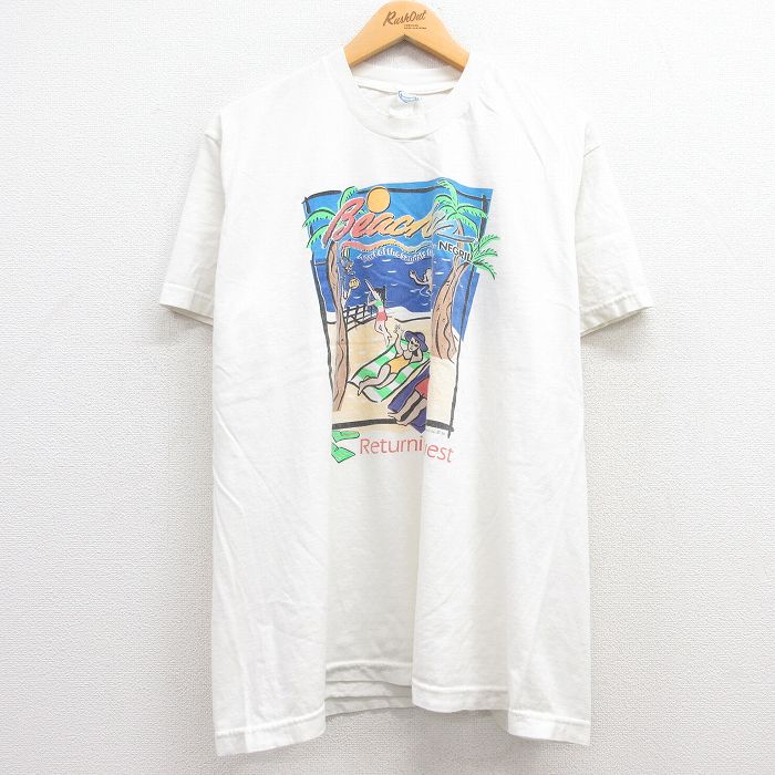 【20%OFF】XL★古着 半袖 ビンテージ Tシャツ メンズ 90年代 90s ビーチ ヤシの木 大きいサイズ クルーネック 白 ホワイト  23apr21 中古