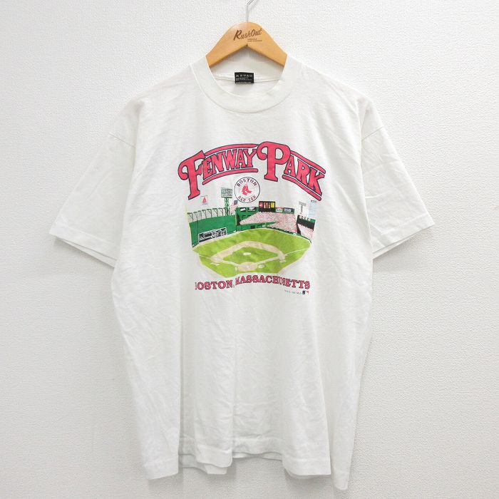 古着通販 XL☆古着 半袖 ビンテージ Tシャツ メンズ 80年代 80s MLB ボストンレッドソックス FENWAYPARK クルーネック USA製  白 メジャーリーグ ベースボール 野球