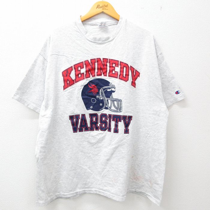 XL★古着 チャンピオン champion 半袖 ビンテージ Tシャツ メンズ 90年代 90s ケネディ VARSITY 大きいサイズ クルーネック  USA製 薄グレー 霜降り 23may13 中古